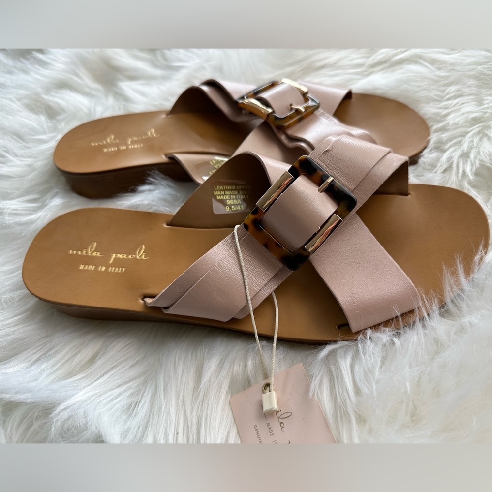 Sandal Leather Slides Neutral Blush Pale Pink Tortoise Shell Made in Italy W 9.5 - Picture 3 of 8